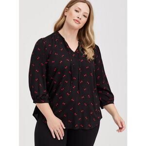 Torrid Black Bow Print 3/4 Sleeve Rayon Twill Tie Neck Peasant Blouse Top Size 2